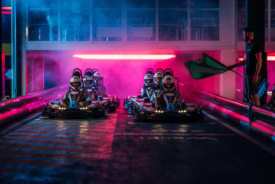 Gokart experience at Woop! karting - the fastest attraction - Where to show up, the WOOP sign and the stairs