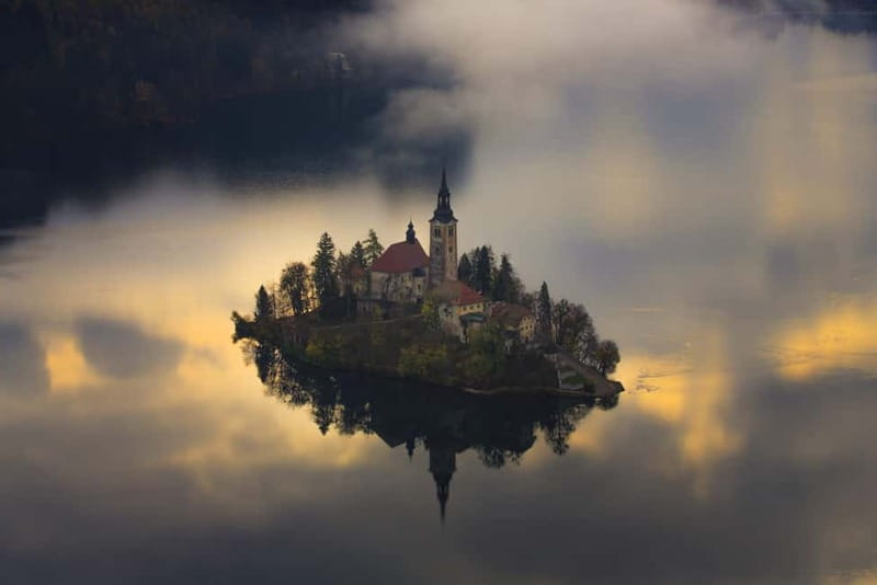 The island church on Lake Bled at first light